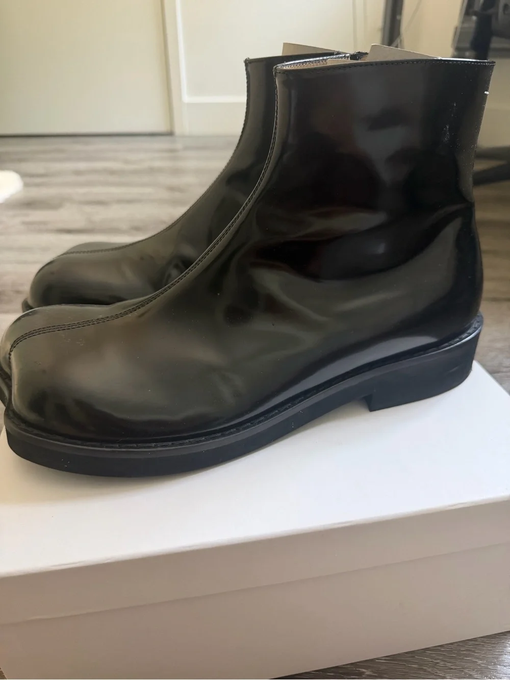 MM6 Maison Martin Margiela ‘Anatomic’ Black Glossy Leather Ankle Boots
